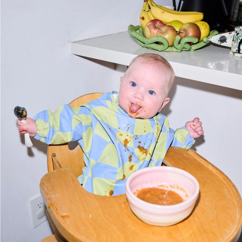 Milk Teeth Long Sleeved Smock Bib - Green Checkers
