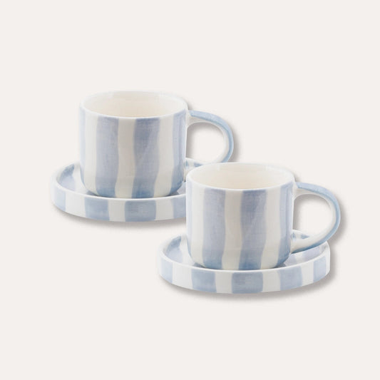 Stripe Espresso Cup and Saucer Set - Light Blue