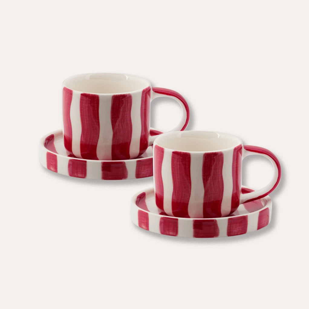 Stripe Espresso Cup and Saucer Set - Red