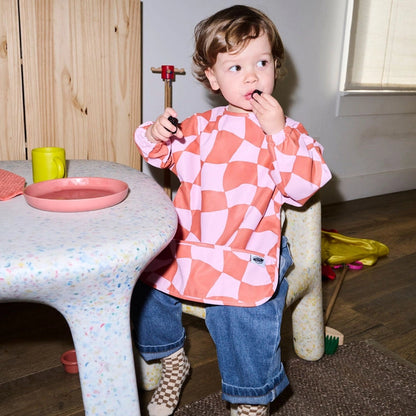 Milk Teeth Long Sleeved Smock Bib - Pink Checkers