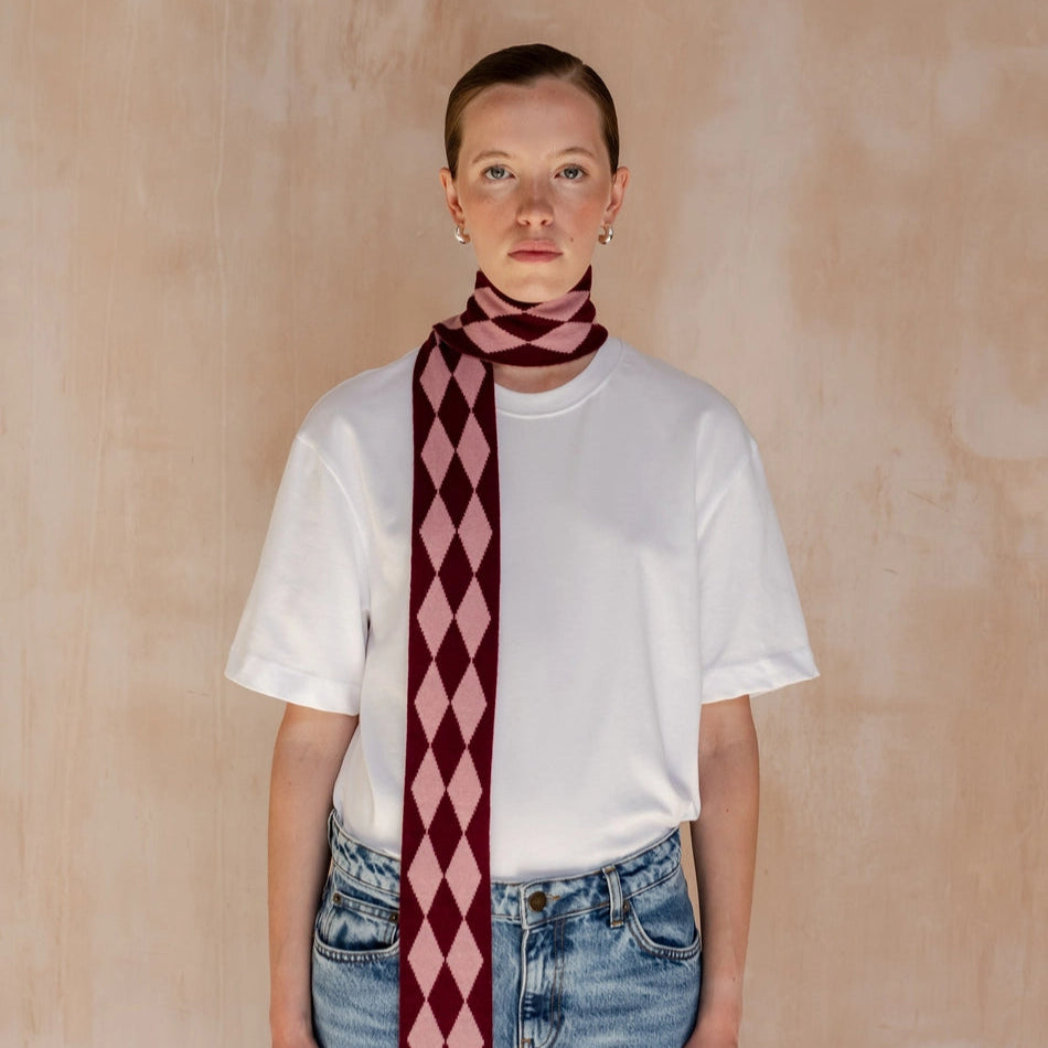 TBCo Merino Wool Skinny Scarf - Bungundy Harlequin