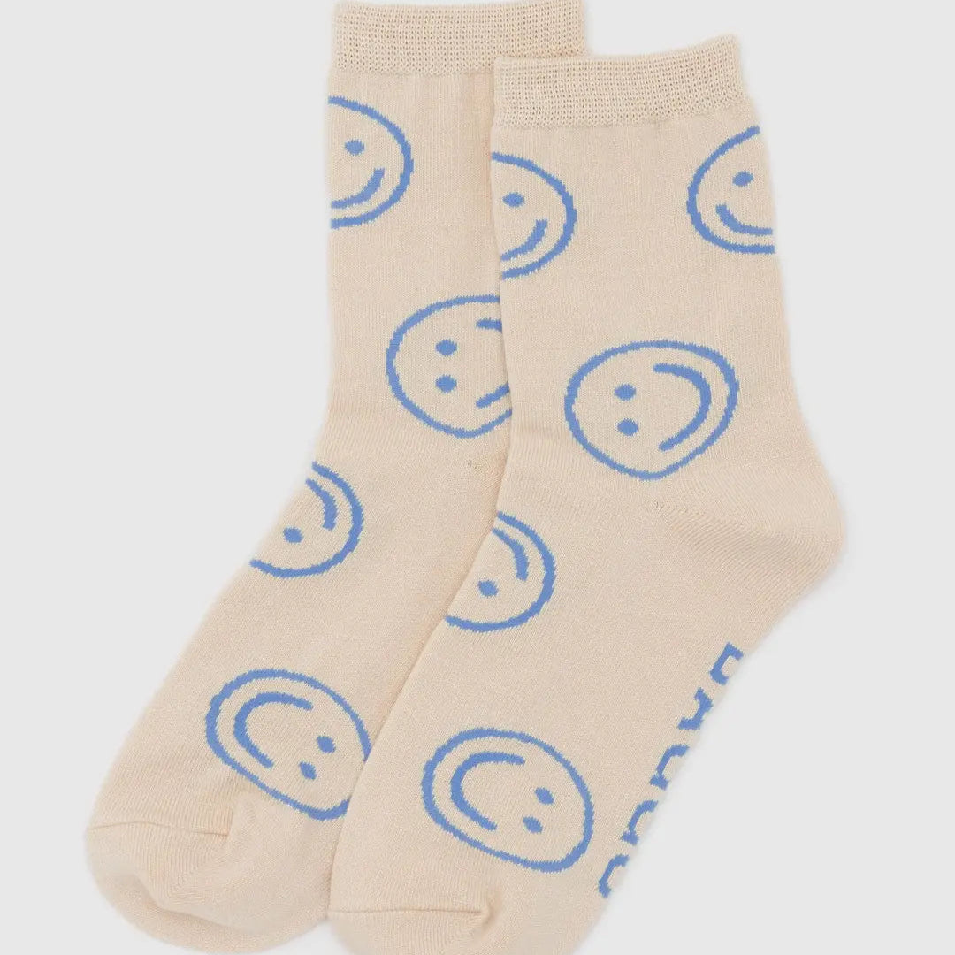 Baggu Crew Socks - Ecru Periwinkle Happy