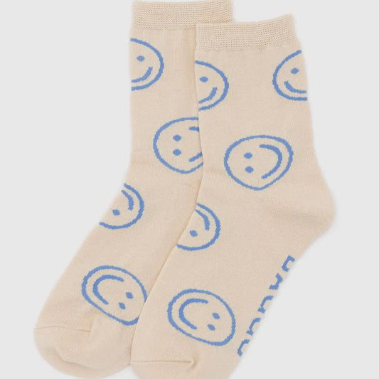 Baggu Crew Socks - Ecru Periwinkle Happy