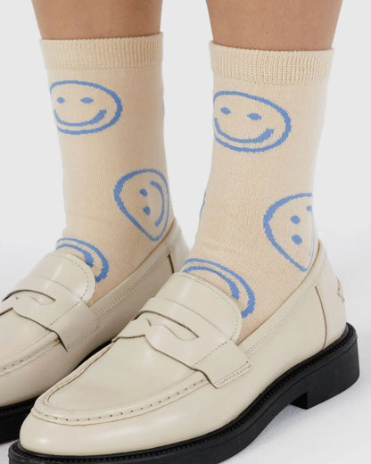 Baggu Crew Socks - Ecru Periwinkle Happy