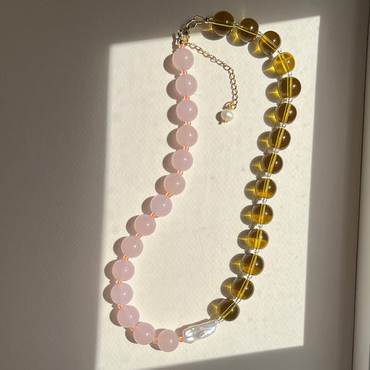 Hattie Buzzard Necklace - Milk Pink & Acid Amber