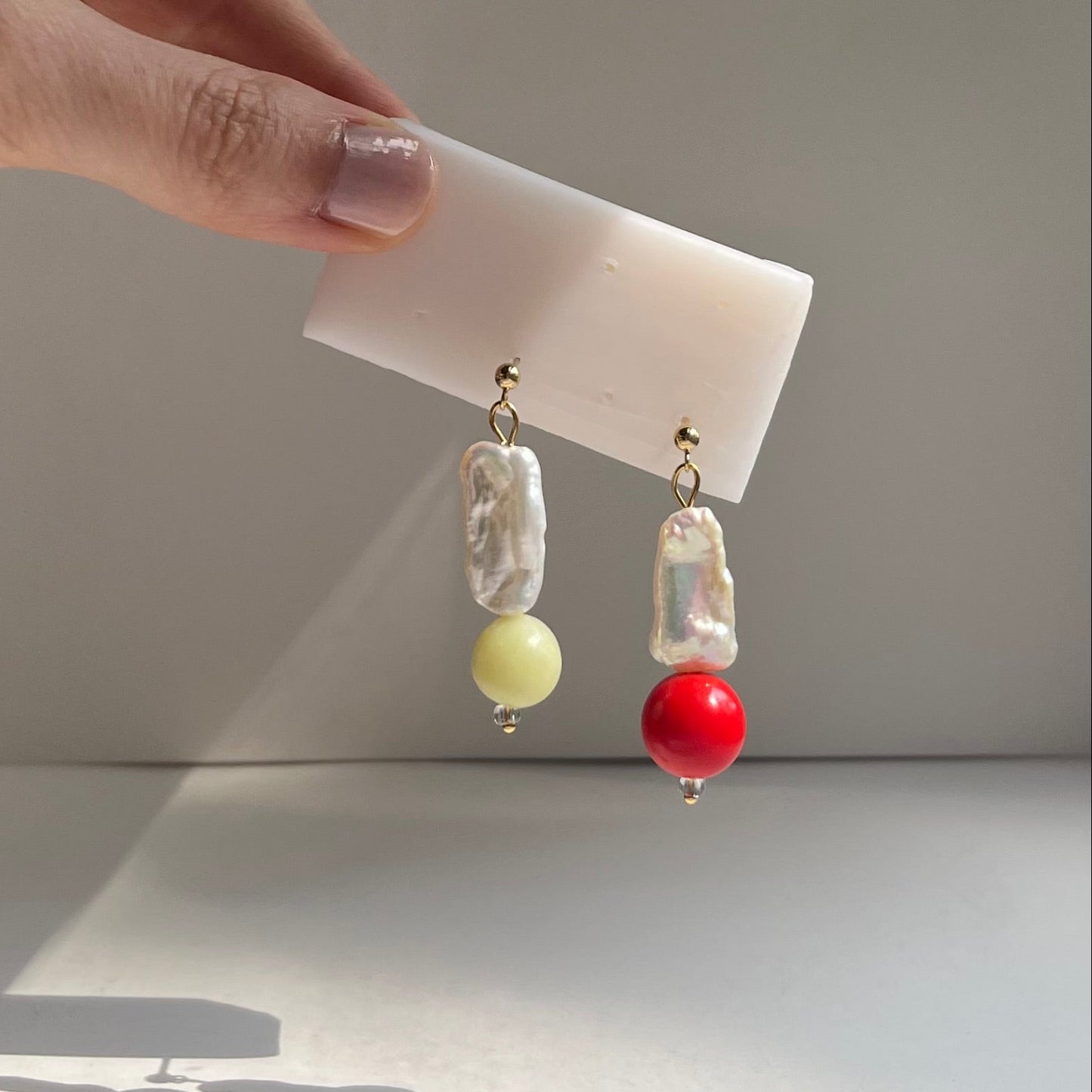Hattie Buzzard Earrings - Pearl Cloud Chartreuse & Red